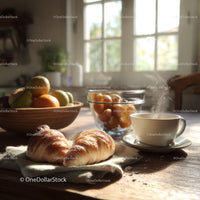 Fresh Apples and Croissants with Coffee in Sunlit Kitchen