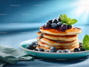 Stacked Pancakes with Blueberries and Mint on a Blue Plate