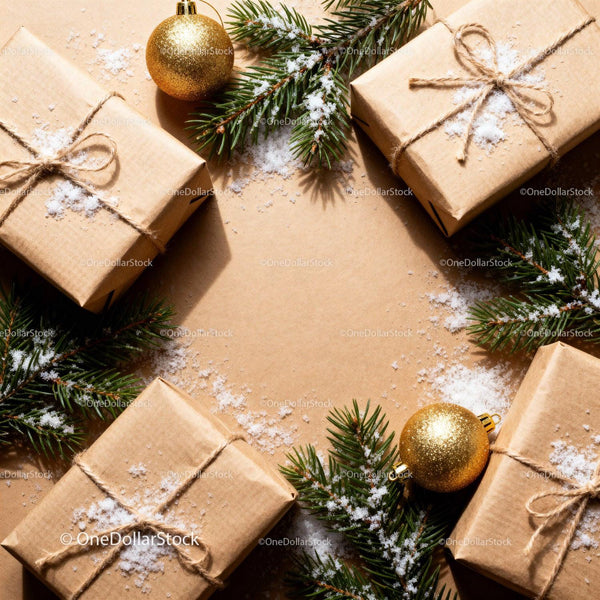 Rustic Christmas gifts with pine and golden ornaments