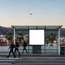 Urban Bus Stop with Blank Advertisement and People Walking
