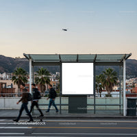 Urban Bus Stop with Blank Advertisement and People Walking