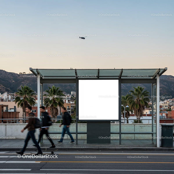 Urban Bus Stop with Blank Advertisement and People Walking JPG Mockup Image