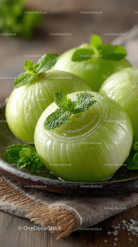 Fresh Green Onions with Mint Garnish on Rustic Plate