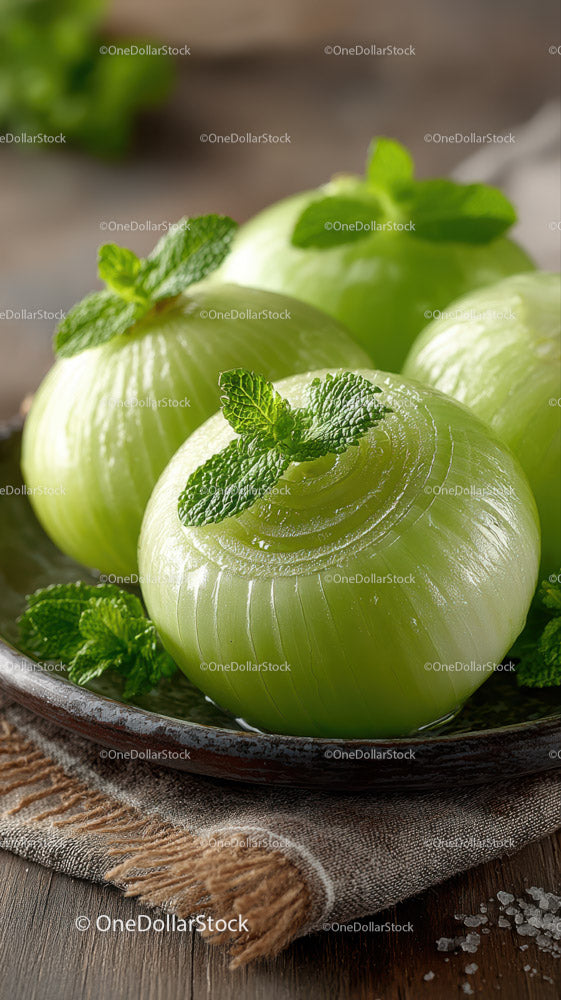 Fresh Green Onions with Mint Garnish on Rustic Plate