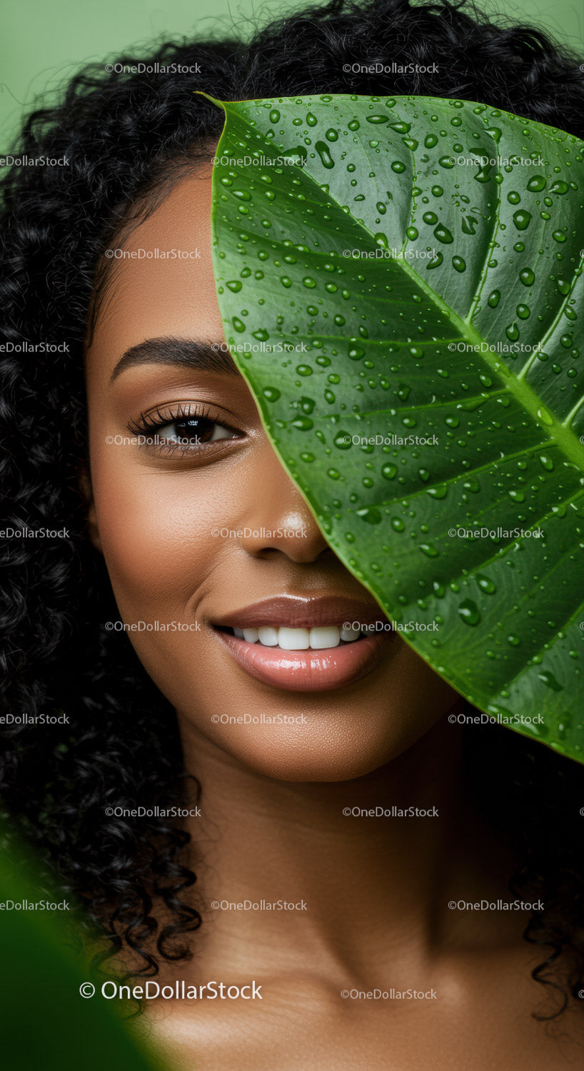 Smiling Woman with Curly Hair and Large Green Leaf in Natural Setting