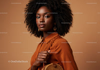 Elegant African Woman in Brown Satin Outfit with Curly Hair
