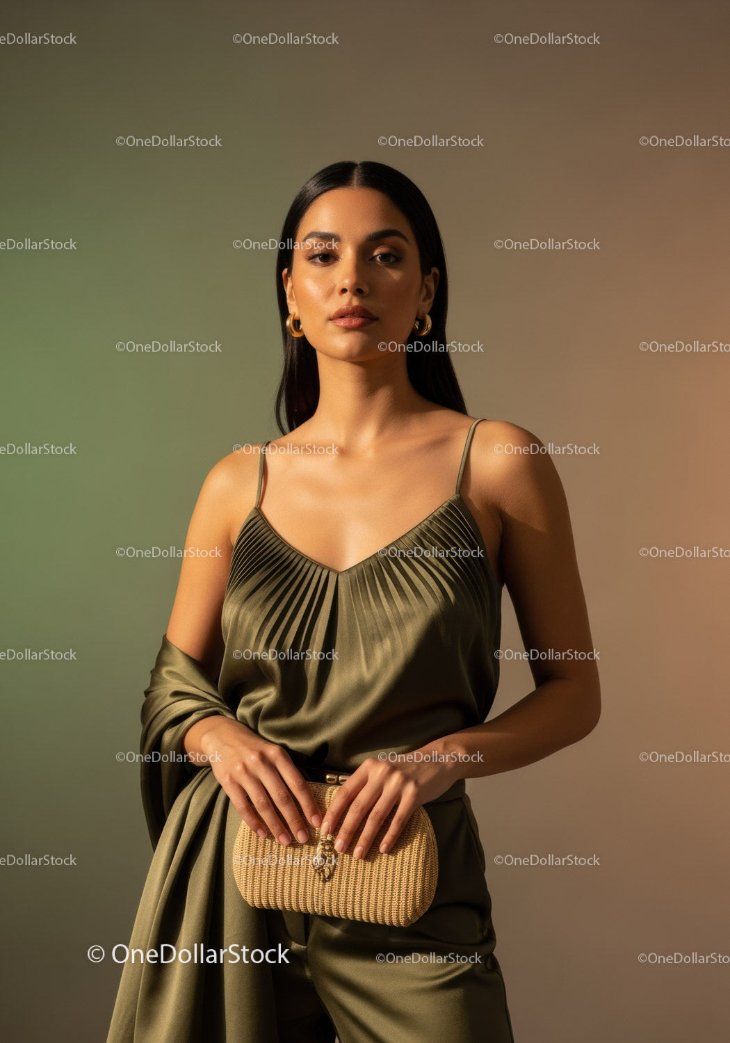 Elegant Fashion Model Wearing Gold Jewelry and Chic Outfit