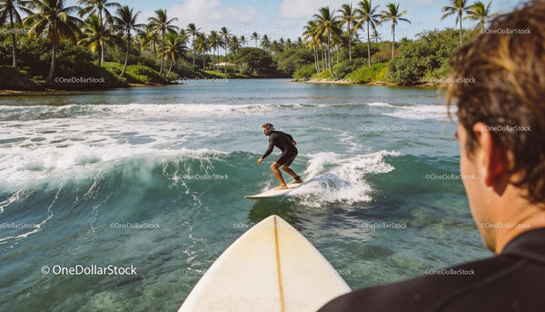 Surfer łapiący falę w tropikalnej lagunie otoczonej palmami