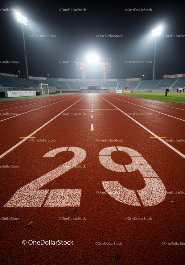 Pusta oświetlona bieżnia na stadionie nocą