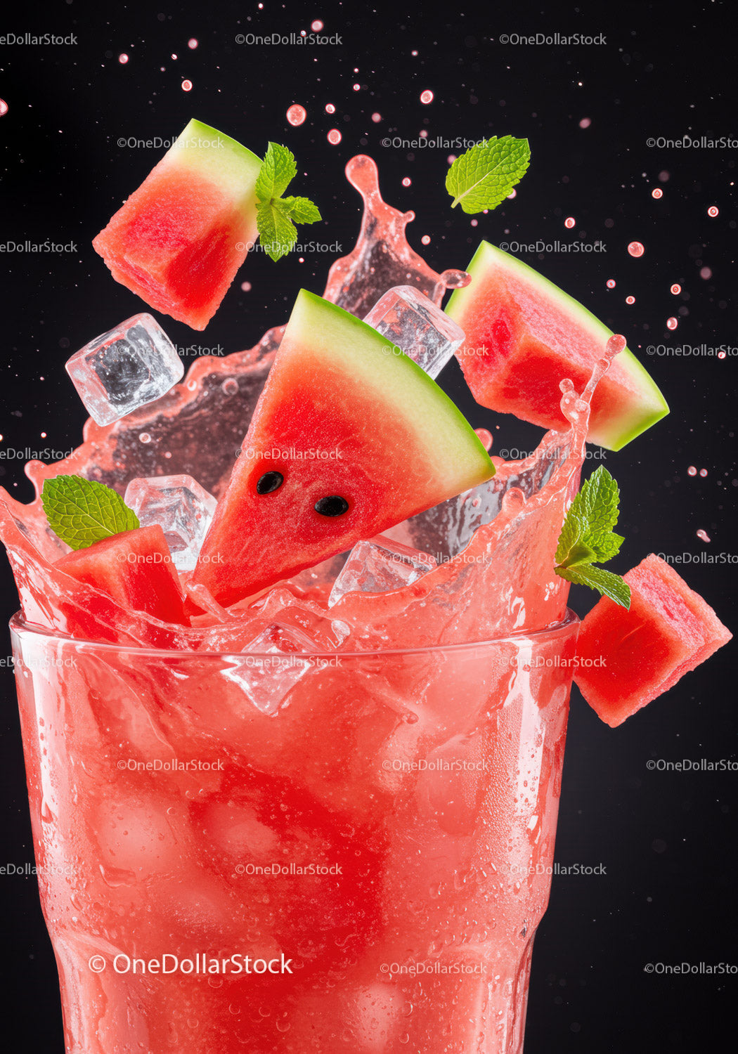 Refreshing watermelon splash with ice and mint leaves
