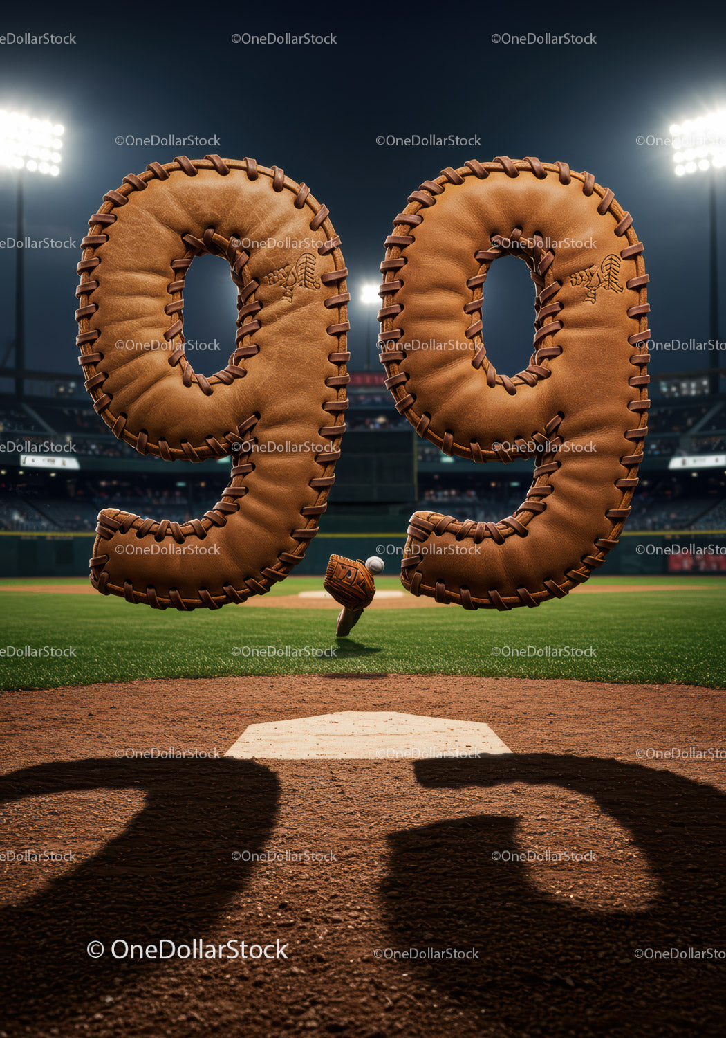 Leather Baseball Gloves Forming Number Ninety Nine at Stadium
