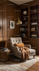 Cozy reading nook with beige armchair and warm lighting