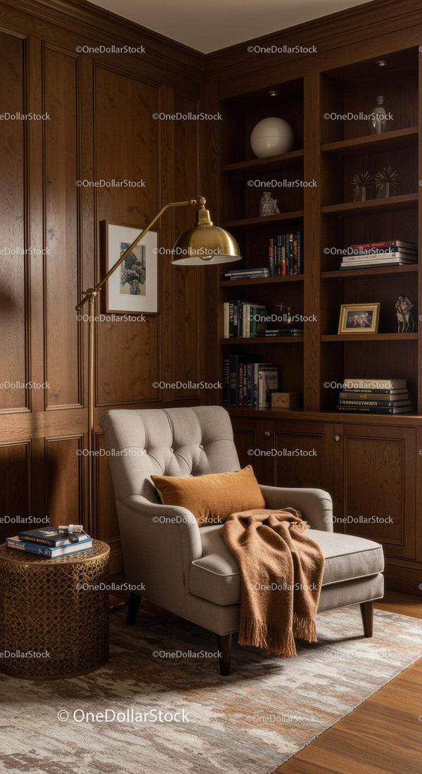 Cozy reading nook with beige armchair and warm lighting