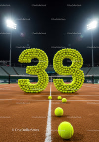 Number 39 made of tennis balls on clay court at night