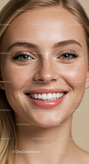 Close up smiling woman with freckles and blue eyes
