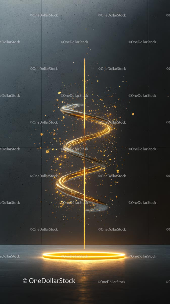 Abstract Light Spiral Sculpture with Gold Sparks in Dark Background