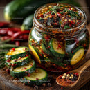Vibrant Spicy Cucumber Kimchi in Glass Jar with Fresh Vegetables