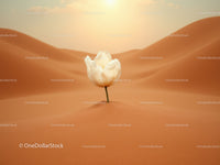 White tulip blooming alone in golden desert dunes