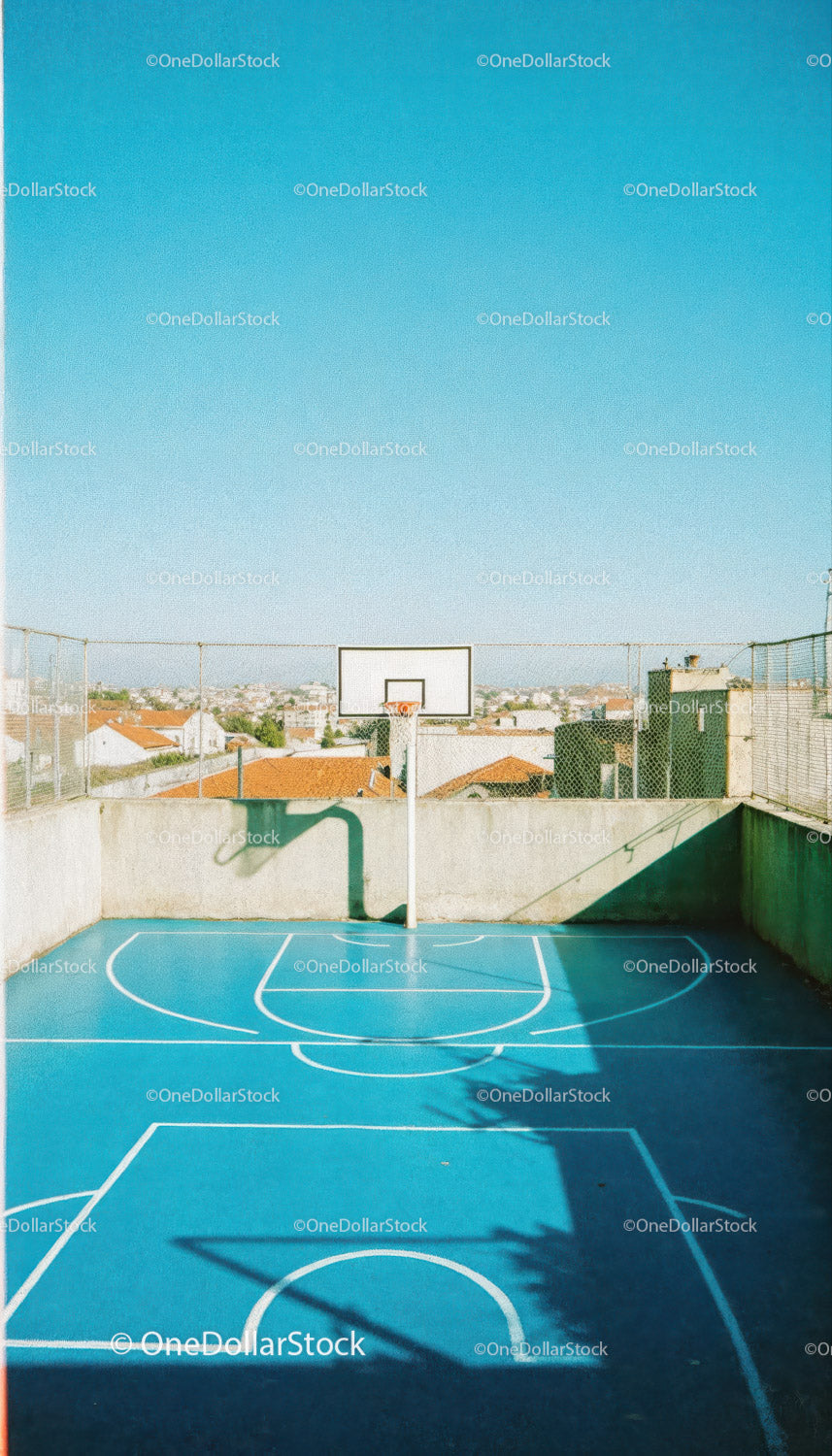 Urban Rooftop Basketball Court with Cityscape View