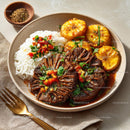 Savory Asian Dish with Rice, Vegetables, and Grilled Plantains