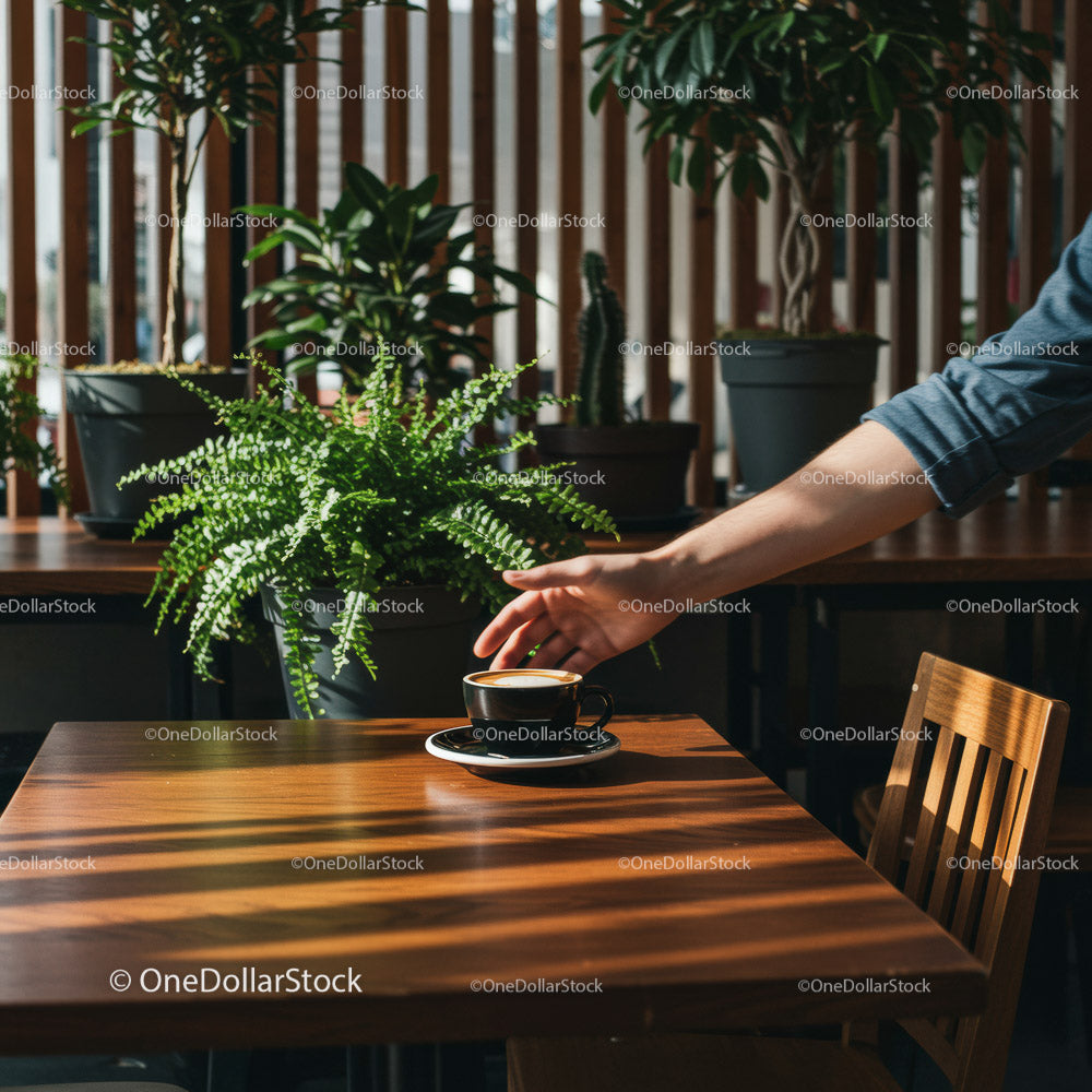 Hand Holding Coffee Cup in a Cozy Cafe Surrounded by Plants
