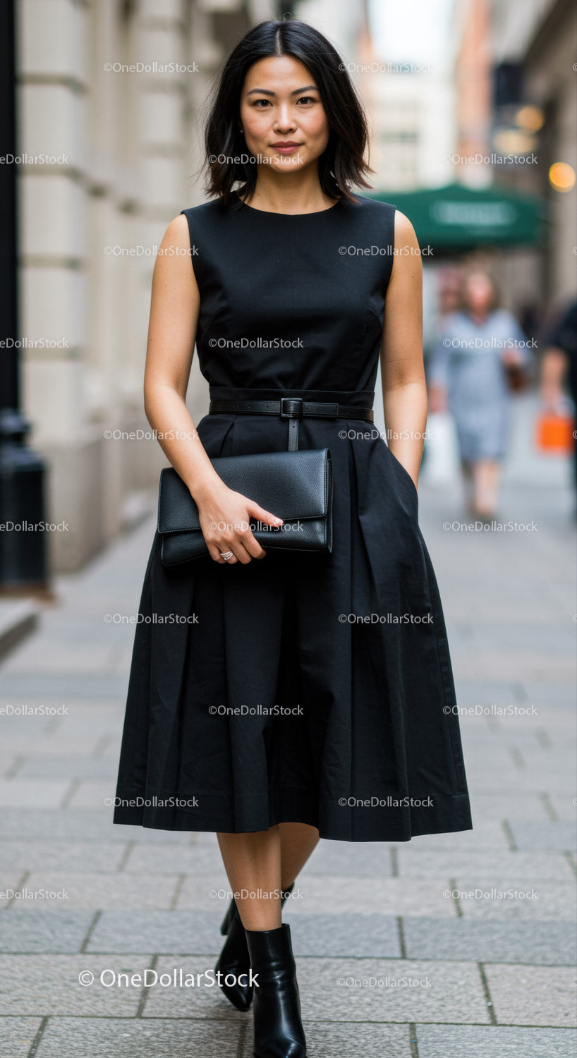 Elegant Woman in Black Dress Walking on City Street