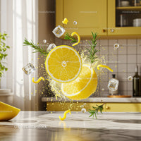 Fresh lemon slices with rosemary and ice cubes splash