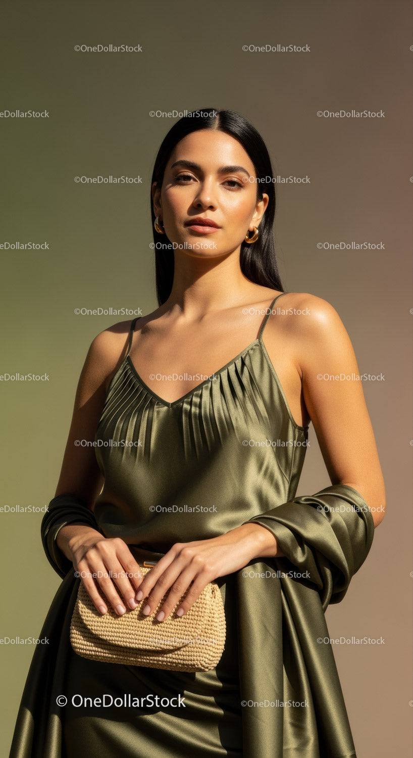 Elegant Woman in Satin Dress with Gold Jewelry and Handbag