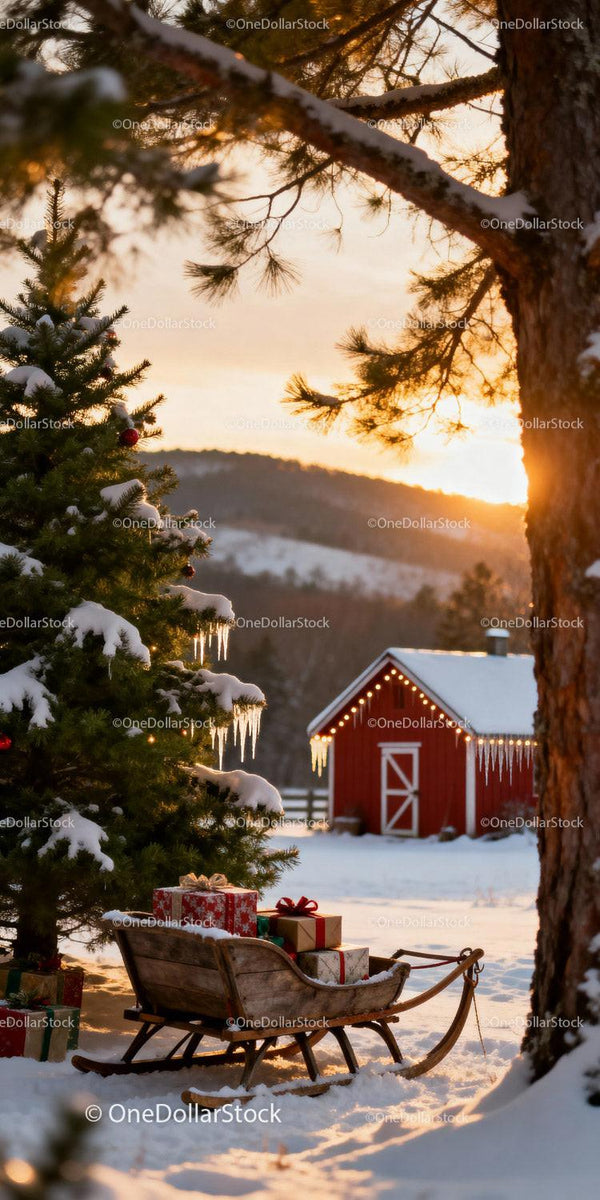 Festive sleigh with gifts near decorated pine tree