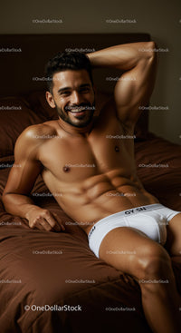Relaxed young man reclining on bed in white underwear