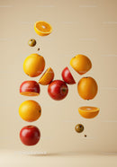 Floating Mixed Citrus and Apples on Beige Background
