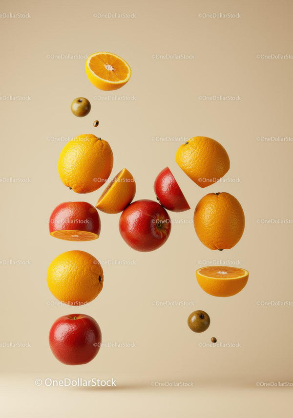 Floating Mixed Citrus and Apples on Beige Background