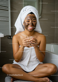 Woman Relaxing with Facial Mask and Towel in Bathroom Setting