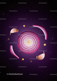 Sliced red onion and garlic arranged like a galaxy