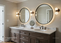 Contemporary Bathroom with Double Vanity and Round Mirrors