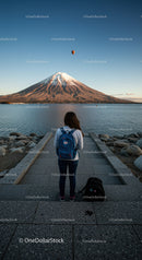 Scenic View of Mount Fuji with Woman and Hot Air Balloon in Waterfront Setting