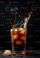 Iced coffee splash with floating coffee beans