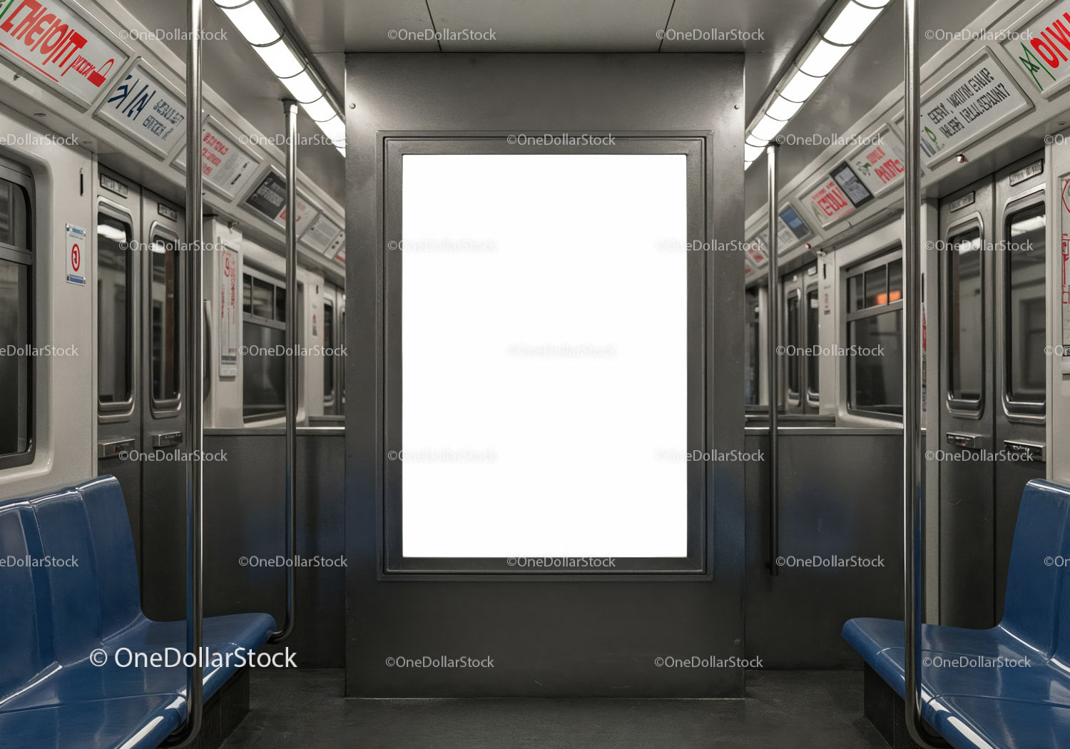 Wnętrze pustego wagonu metra z podświetlaną reklamą