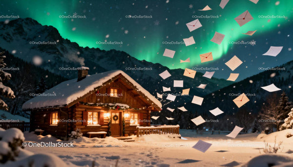 Cozy winter cabin under northern lights with flying letters