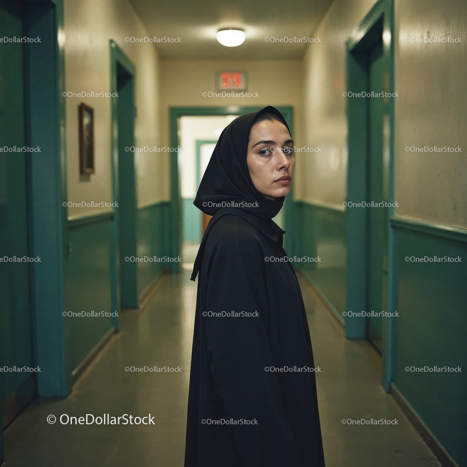 Confident Nurse in Hospital Corridor With Serious Expression