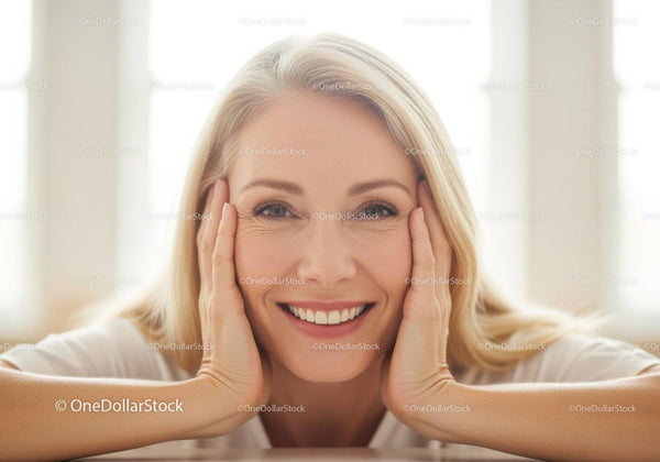 Joyful Woman Smiling with Blonde Hair in Bright Natural Light