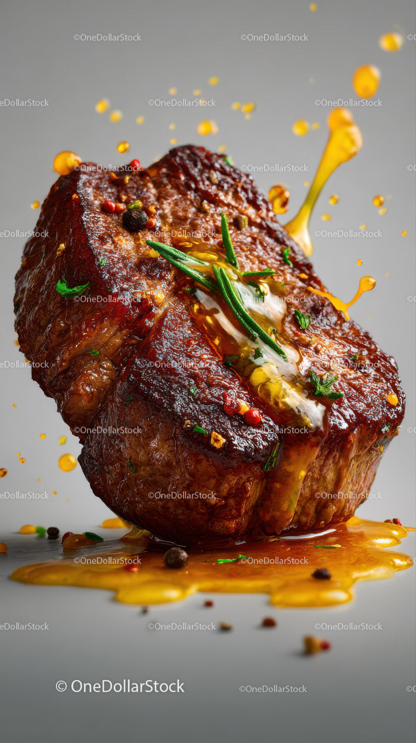 Juicy Grilled Steak with Peppercorns and Herbs on Gray Background