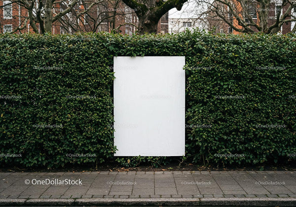 Blank white billboard framed by lush green hedge JPG Mockup Image