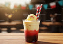 Frosted Vanilla Ice Cream with Strawberry Sauce in Clear Glass