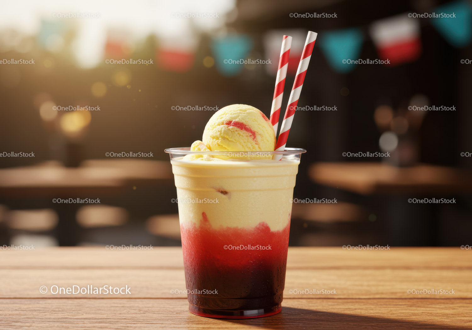 Frosted Vanilla Ice Cream with Strawberry Sauce in Clear Glass