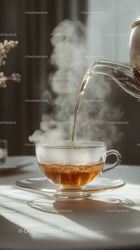 Hot Tea Being Poured into Glass Cup with Steam Rising