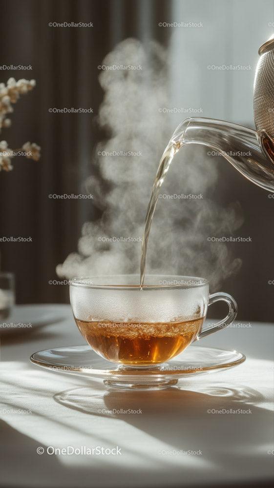 Hot Tea Being Poured into Glass Cup with Steam Rising