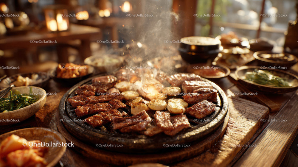 Korean Barbecue Platter with Grilled Meat and Side Dishes