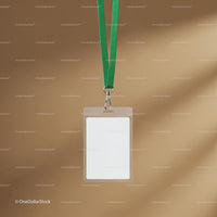 Blank badge holder with green lanyard on brown background