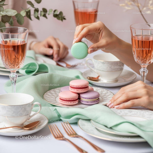 Eleganckie pastelowe makaroniki i różowo-złote kieliszki na stylowym stole do herbaty